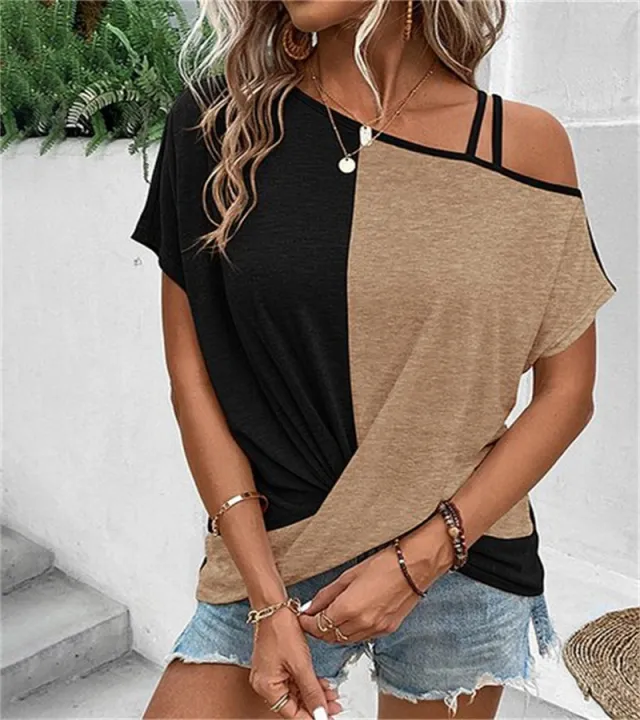 Two color Color Cotton Stitching Women's Shoulder Strap T shirt Cross Short Sleeve Top Brown - Shop at LoveMi