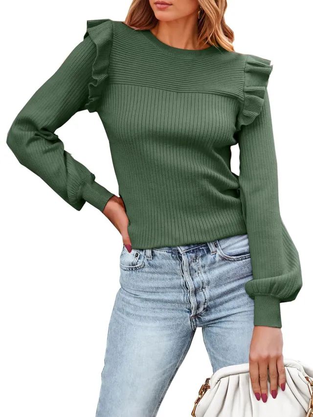 Ruffled Shoulder Long Sleeve Round Neck Slim Rib Knitted Sweater Green - Shop at LoveMi