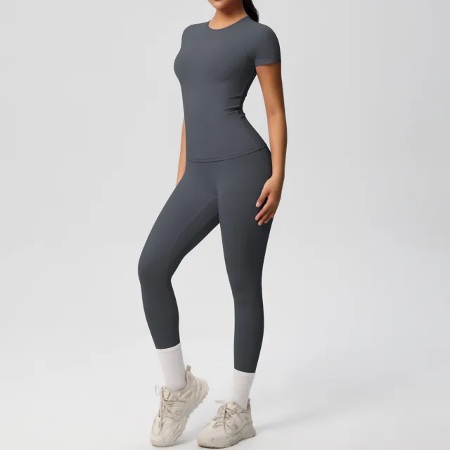 European And American Sports Nude Feel Skin friendly Solid Color Sports T shirt Stretch Short Sleeve Yoga Pants High Waist Workout Suit Women Gra... Graphite Gray - Shop at LoveMi