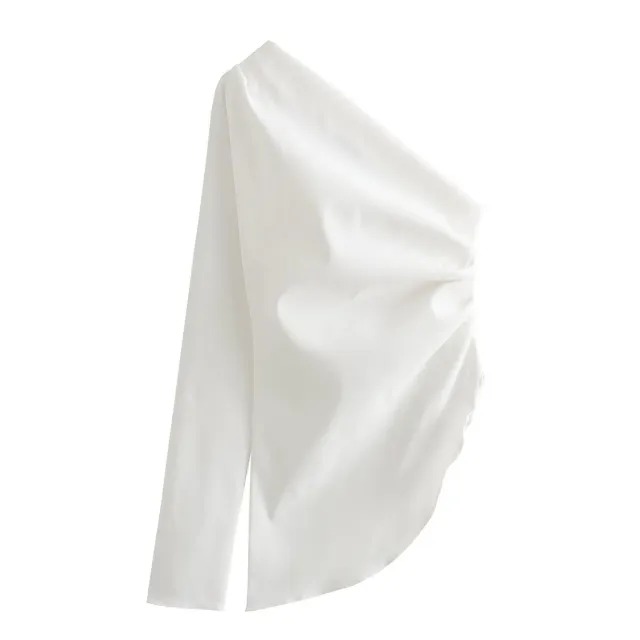 French style One shoulder Pleated Decorative Asymmetric Top White - Shop at LoveMi