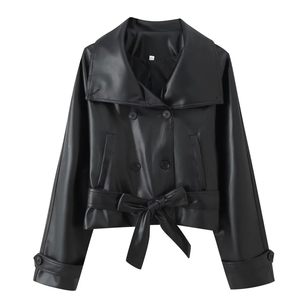 Trendy Wild Two-color Double Breasted Short Lace Up Leather Coat - Black