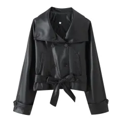 Trendy Wild Two-color Double Breasted Short Lace Up Leather Coat - Black - View 1