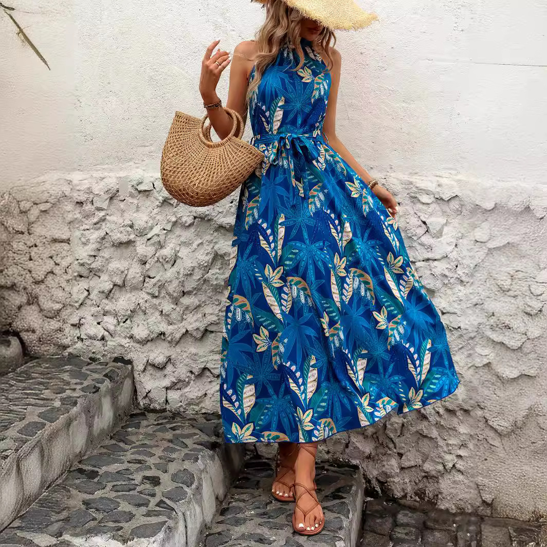 Fashionable Halterneck Defined-Waistline Bohemian Printed Dress