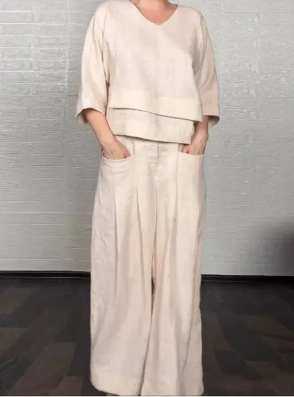 Solid Color Round Neck Long Sleeve Casual Top Straight leg Pants Two piece Set Khaki - Shop at LoveMi