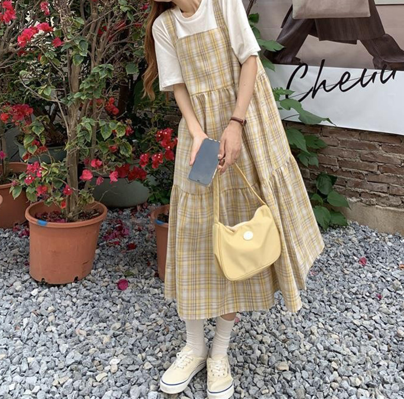 Loose Preppy Style Check Overall Dress Women