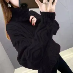 Women's Two-lapel Korean Style Lazy Style Solid Colour Thick Twist Sweater - Black - View 1