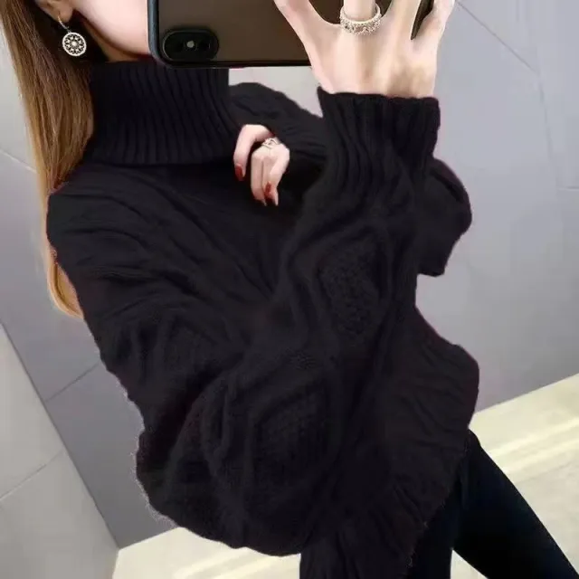 Women's Two lapel Korean Style Lazy Style Solid Color Thick Twist Sweater Black - Shop at LoveMi