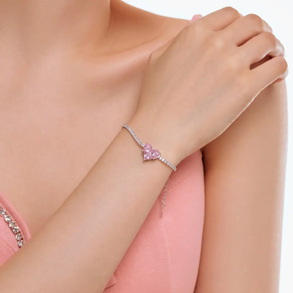 S925 Sterling Silver Women's Bracelet Oversized Love Main Stone Row Diamond Inlaid