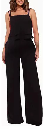 Sling Pure Color Ruffles Top Straight leg Pants Fashion Suit Black - Shop at LoveMi