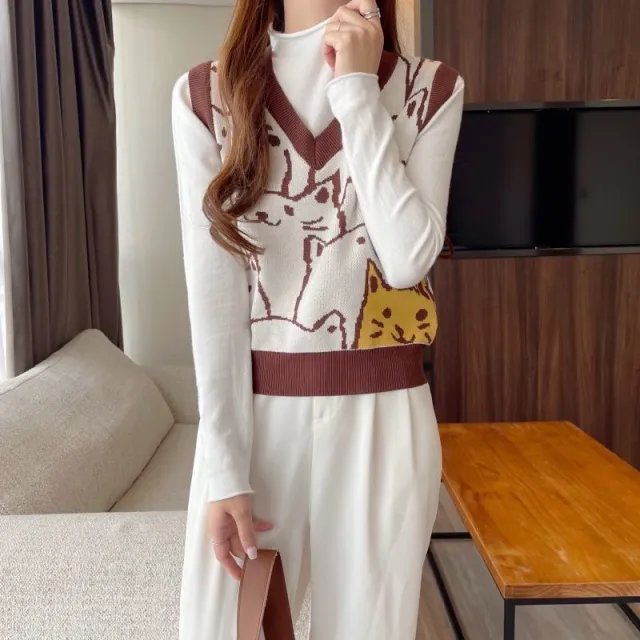 Women's Simple V neck Fashion Cat Vest Coffee - Shop at LoveMi