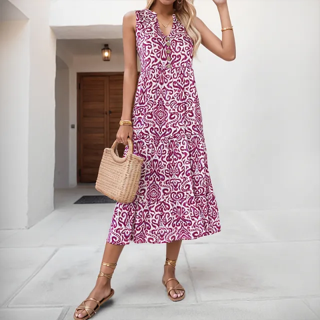 Mid length Fashion Sleeveless V neck Abstract Pattern Printed Dress Rose Red - Shop at LoveMi