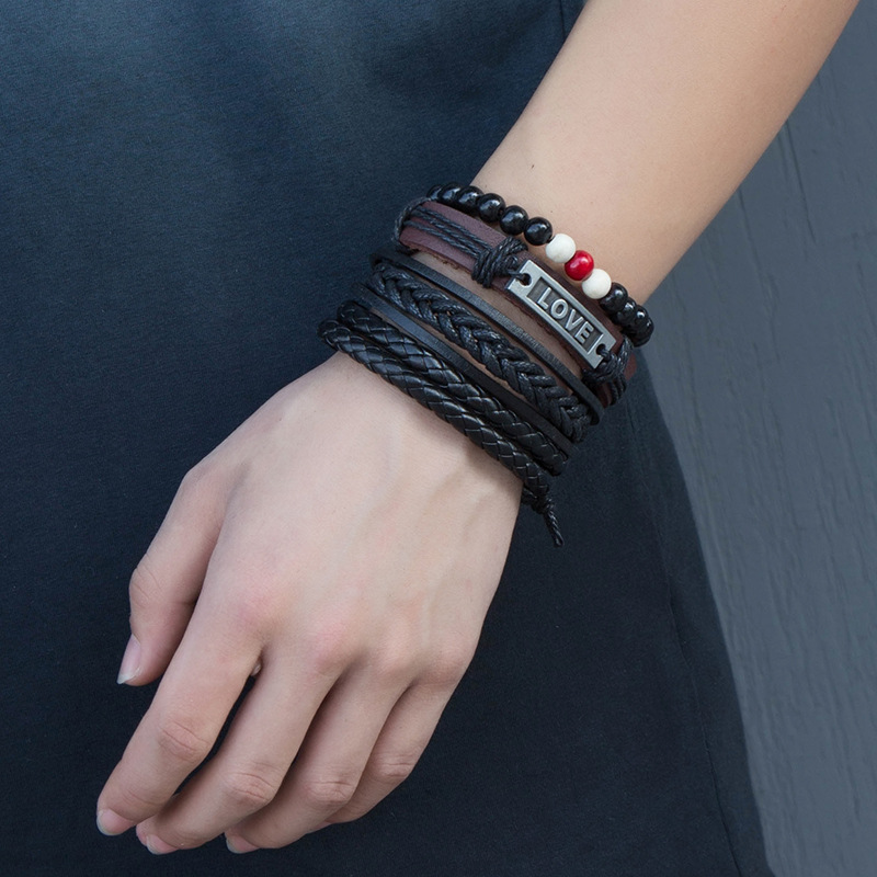 New Four-piece Set Leather Bracelet LOVE Set Men's Weaving Bracelet