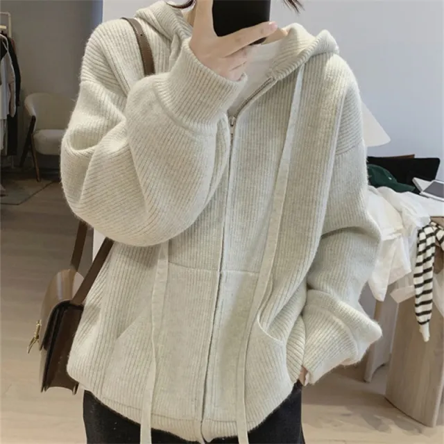 Women's Zipper Hooded Thick Knitted Cardigan Apricot - Shop at LoveMi