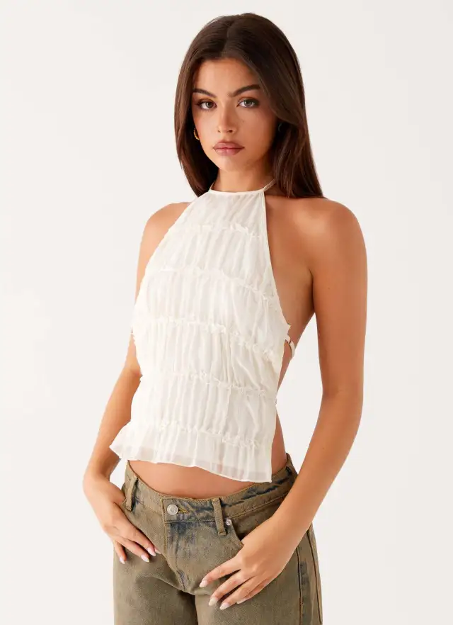 Solid Color Neck Lace Sexy Backless Spaghetti Straps Top White - Shop at LoveMi