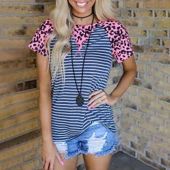 Printed Striped Stitching Short-sleeved Casual Top T-shirt For Women - Blue - View 1