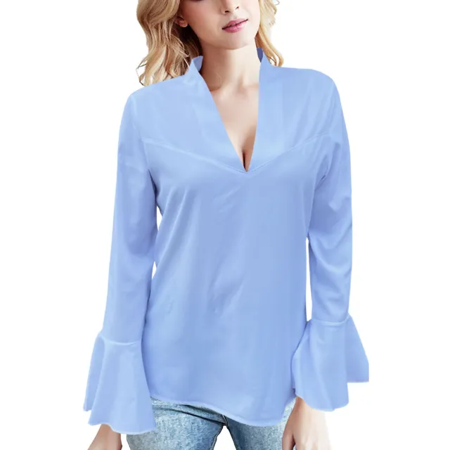 European And American Low Cut Rhinestone High Collar Solid Color Lotus Leaf Long Sleeve Shirt Azure Xl - Shop at LoveMi
