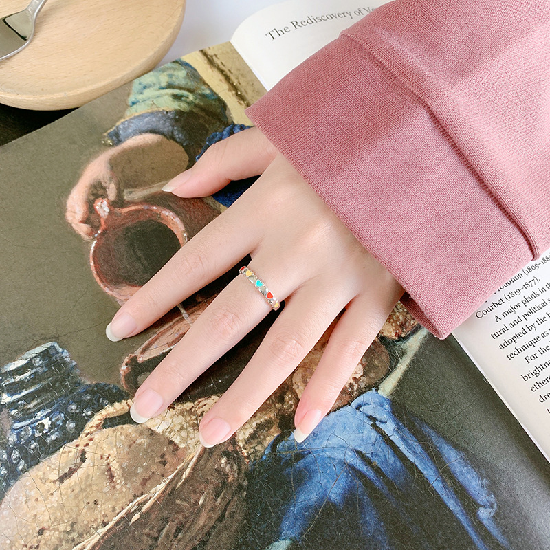 Korean Style Simple Traffic Light Colored Loving Heart Epoxy Ring