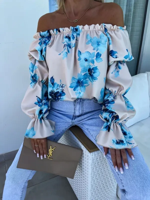 Elastic One Shoulder Lantern Lotus Leaf Sleeve Printed Shirt With Long Sleeves Cream Color - Shop at LoveMi