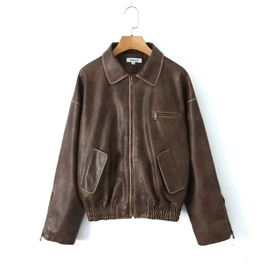 Lapel Long Sleeve Zipper Brushed Leather Coat - Brown