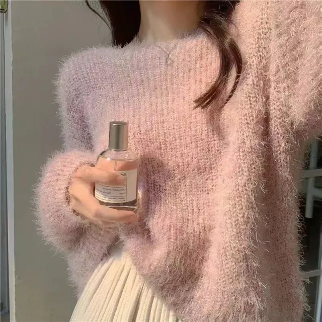 Women's Round Neck Pullover Puff Sleeve Sweater Younger Knitwear Outer Wear Pink - Shop at LoveMi
