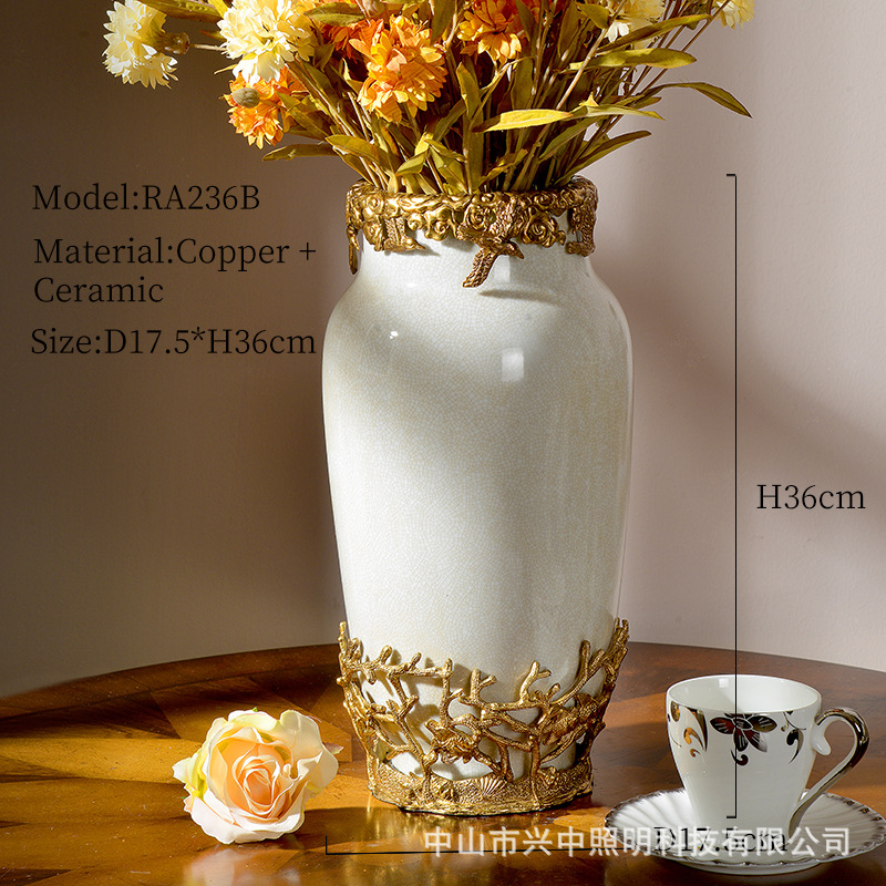 Luxury Yellow Ceramic Flower Vase With Copper Accents For Villa Clubs