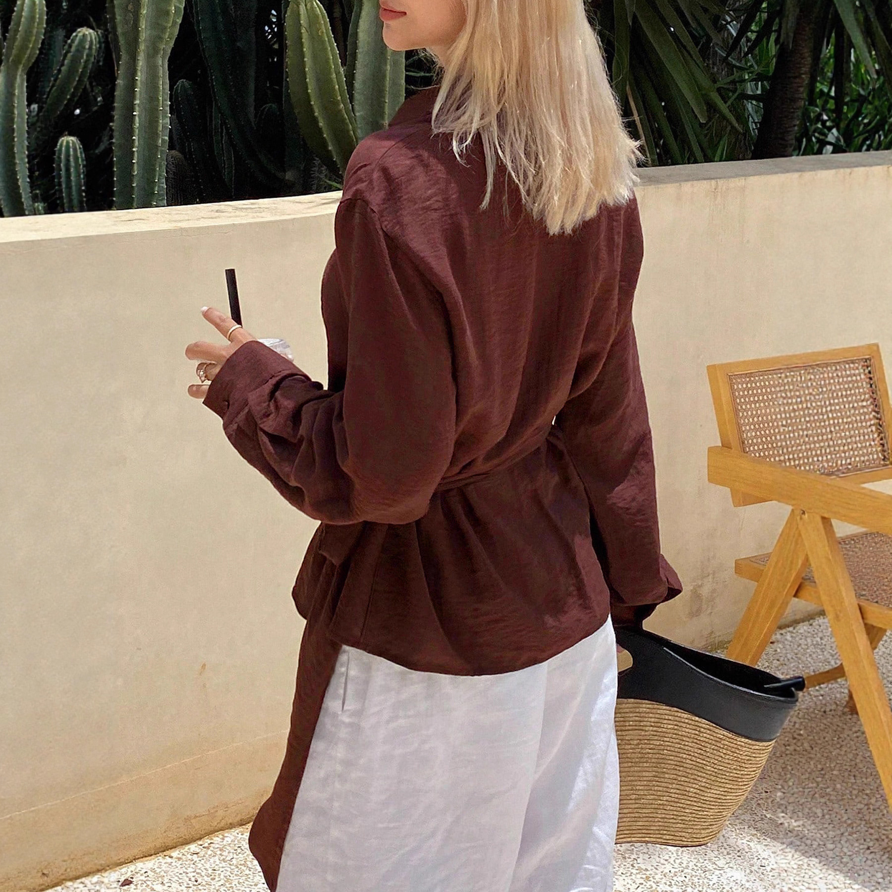 Womens Loose, Casual, Retro, Asymmetrical, Solid-Color Shirt With Ties - Image 2