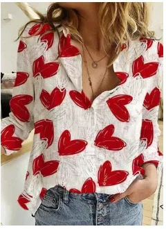 Cardigan Stand Collar Printed Shirt Red Heart - Shop at LoveMi