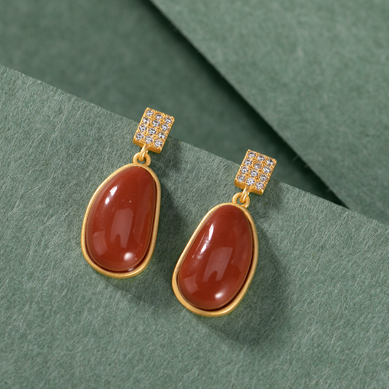 Retro S925 Silver-Gilded Southern Red Agate Lucky Bean Earrings For Women
