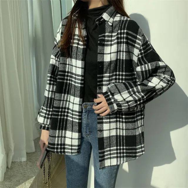 Retro Brushed Plaid Long sleeved Shirt For Women Big Black And White Plaid - Shop at LoveMi