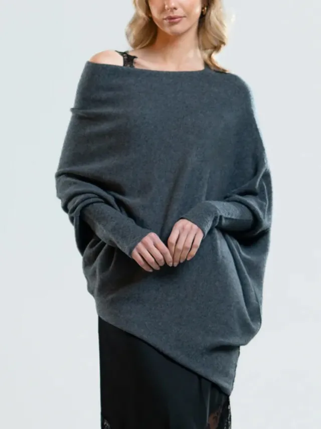 Solid Color Round neck Comfortable Temperament Knitted Sweater Dark Gray - Shop at LoveMi
