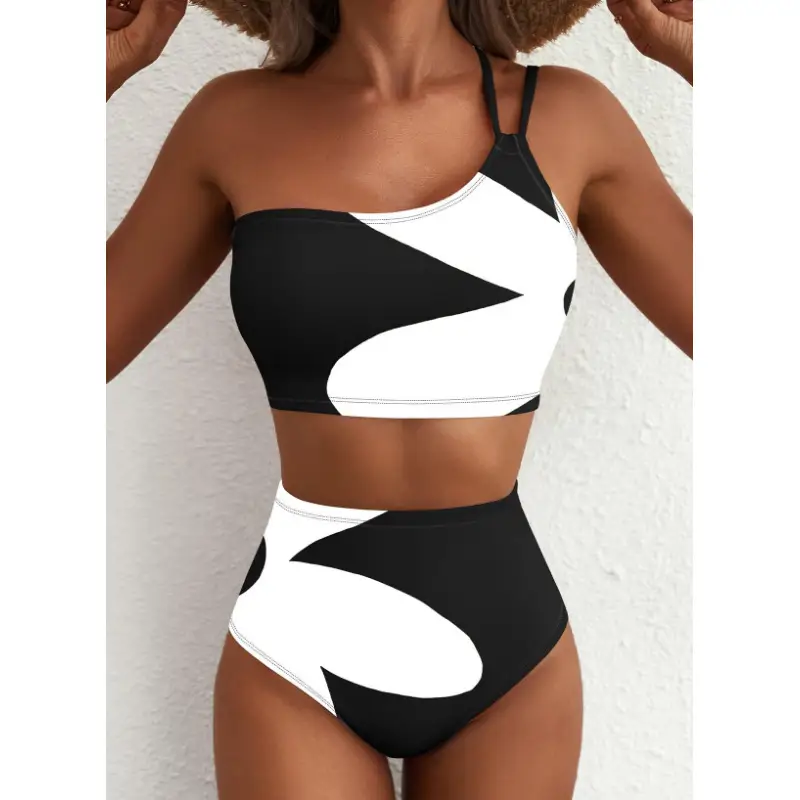 Womens Floral Print High-Waist One-Shoulder Bikini Swimsuit 2-Piece Set