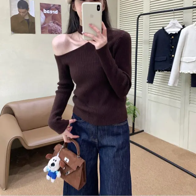 Autumn And Winter Solid Color Slant Shoulder Bottoming Sweater Brown - Shop at LoveMi