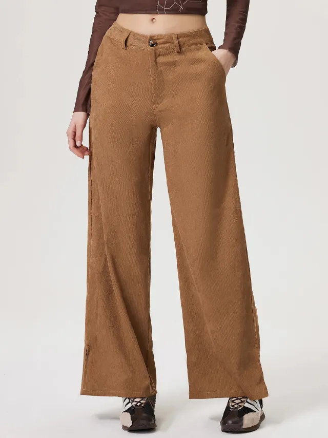 Women's Retro Straight Wide Leg Corduroy Trousers Khaki - Shop at LoveMi