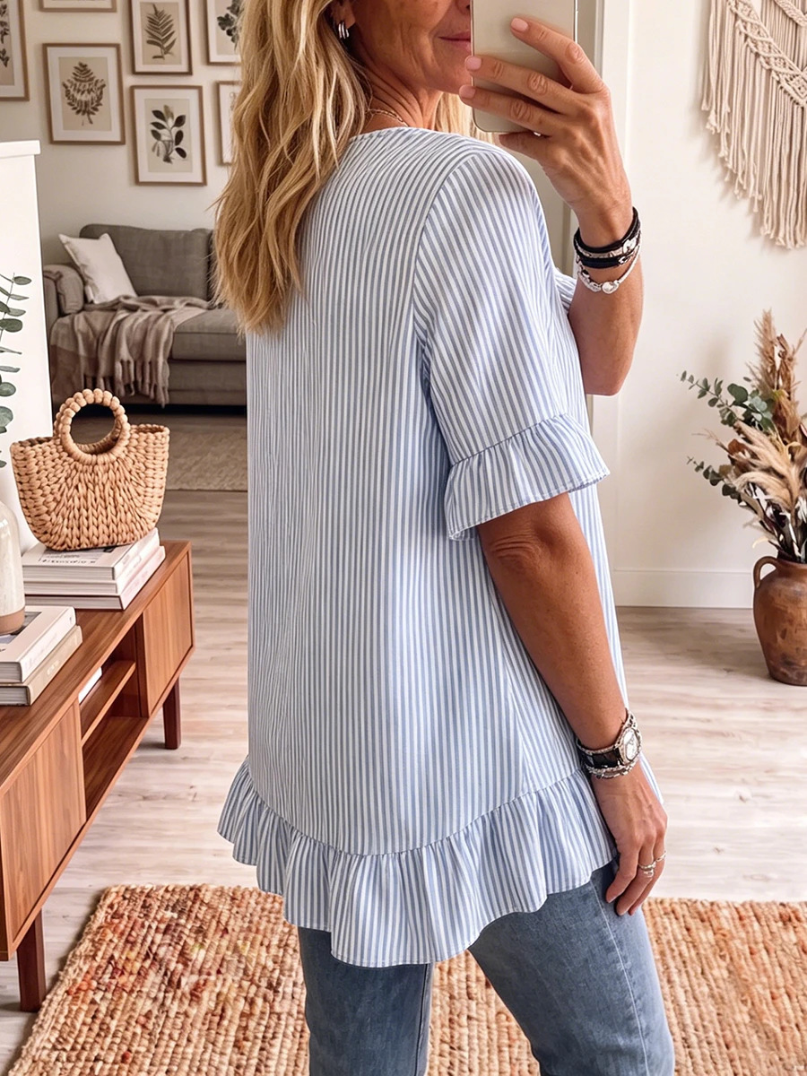 Women's striped blouse styled casually – ruffle sleeve loose-fit three-quarter sleeve top