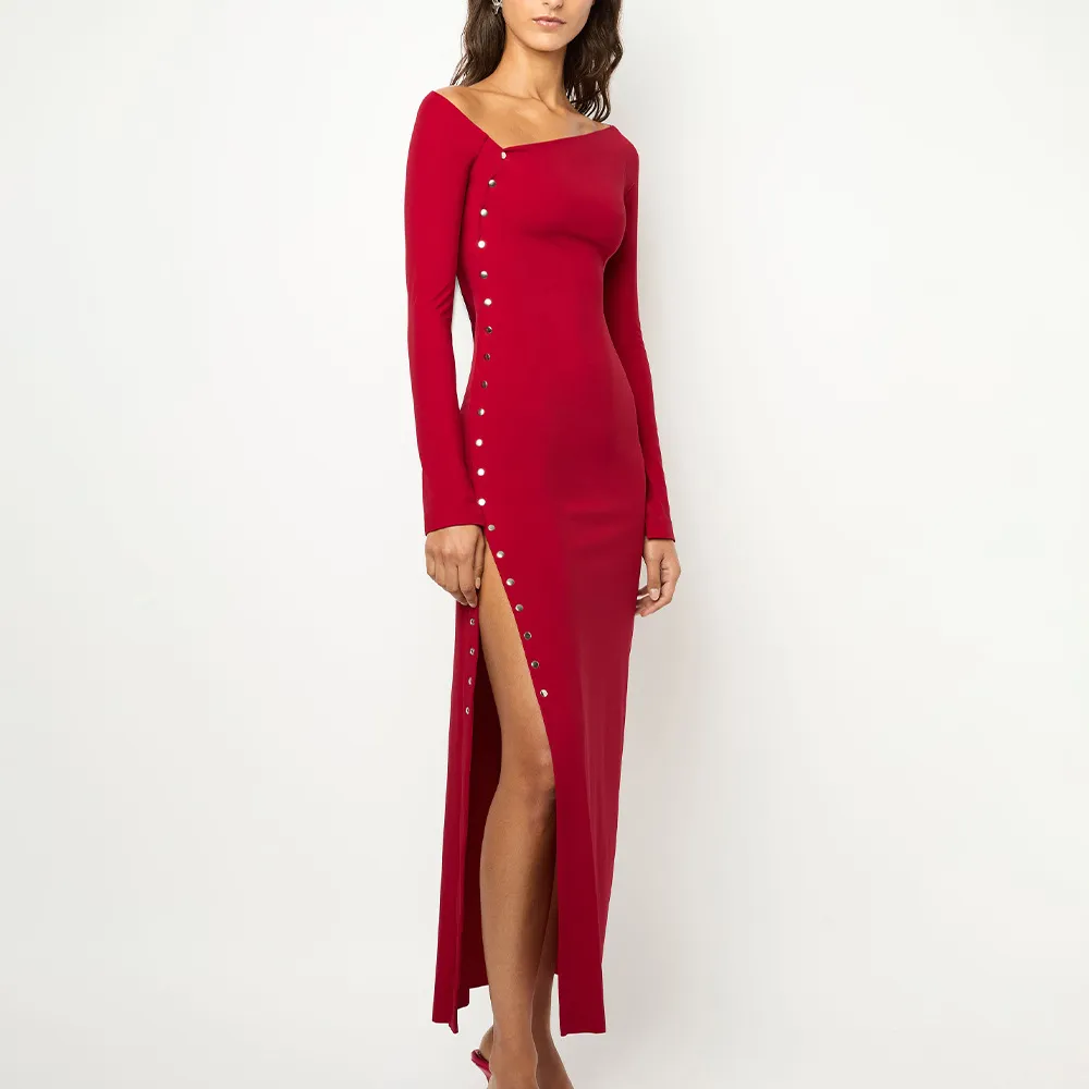 Sexy Chic High-slit Long-sleeve Fashion-fit Maxi Dress - Red