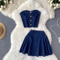 Denim Tube Top Top Two-piece Set High Waist A- Line Skirt - Dark Blue - View 1