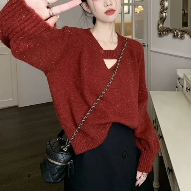 Women's Fashion Solid Color Retro Knitted Sweater Red - Shop at LoveMi