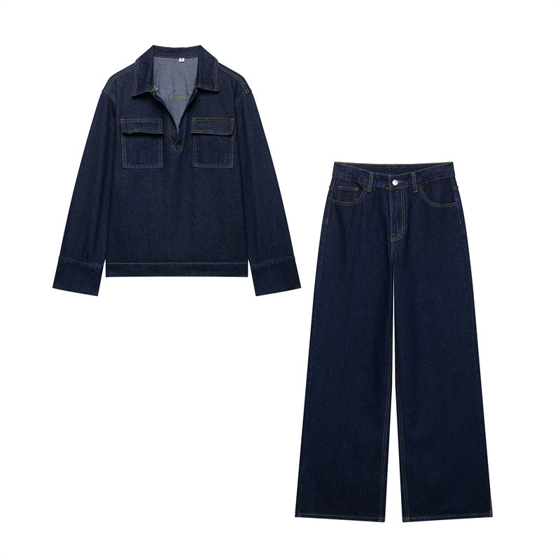 Fashion Loose Blue Denim 2-piece Set Vintage Long Sleeve Shirt Trousers