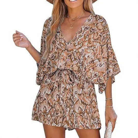 Women's V neck Printed Lace up Bat Jumpsuit Khaki - Shop at LoveMi