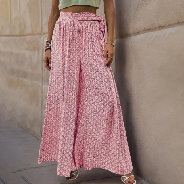Female Lace Printing Flared Wide Leg Pants Pink - Shop at LoveMi