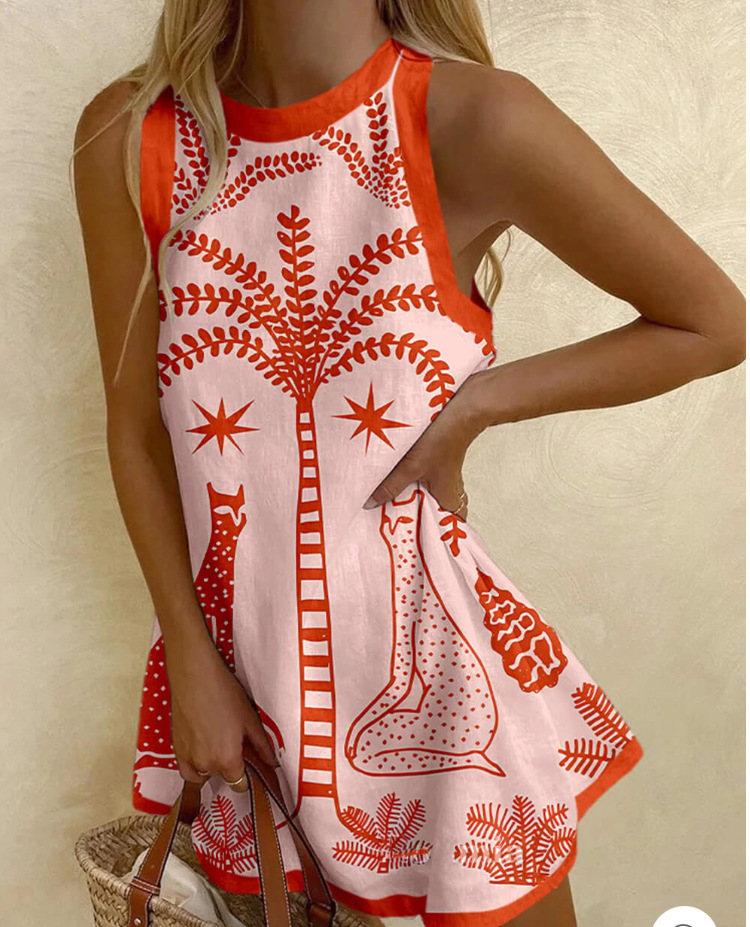 Printed Linen Sleeveless Mini Dress Women