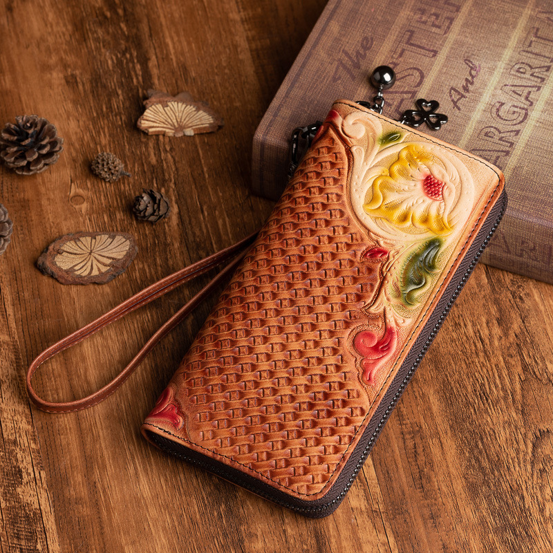 Fashion Retro Hand painted Tree High Leather Mid length Clutch Purse Brown - Shop at LoveMi