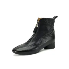 Full-grain Sheepskin Thick Heel Front Zip Ankle Boots - Black - View 1