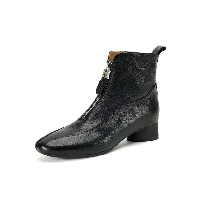 Full grain Sheepskin Thick Heel Front Zip Ankle Boots Black - Shop at LoveMi