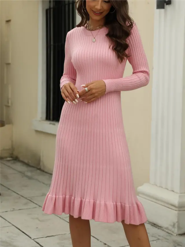 Knitted Inner Match Slim fit Temperament Mid length Overknee Sweater Lotus Leaf Dress Pink - Shop at LoveMi