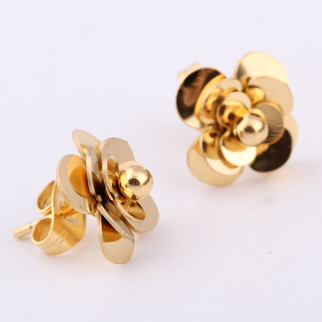 Elegant Fashionable And Sweet Camellia Rose Gold Stainless Steel Earrings