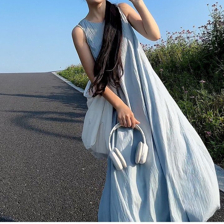 New Korean-style Sky-blue Vest Dress