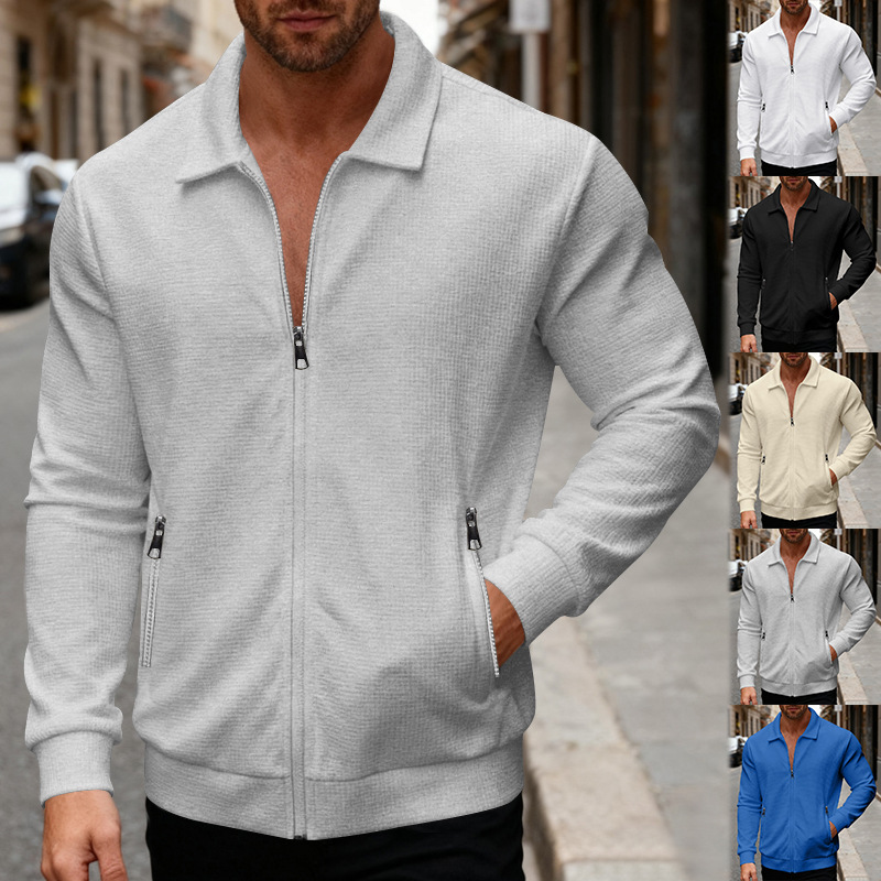 Men's Waffle-Weave Lapel Zip-Up Long-Sleeve Jacket