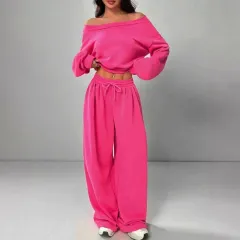 Slim-fit Off-shoulder Crop Top With Casual Pants Set - Rose Red - View 1