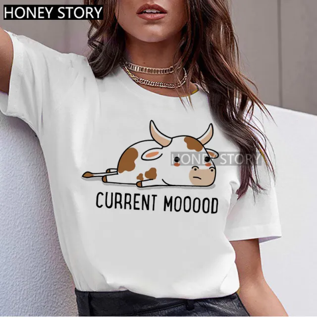 T shirt Animal Cute Pattern Round Neck White Short sleeve Top 24715 - Shop at LoveMi